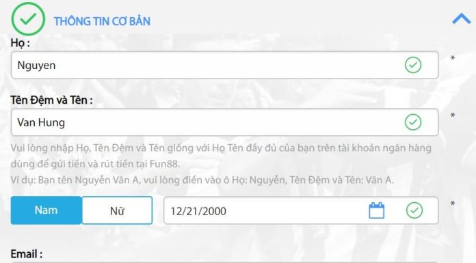 Điền các thông tin đầy đủ khi thực hiện thao tác tạo tài khoản cá cược online tại các nhà cái
